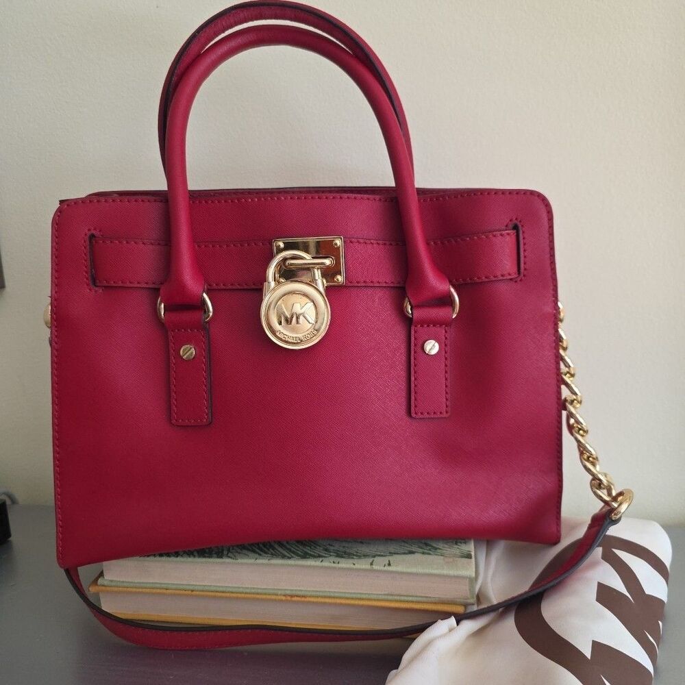 Michael Kors Satchel Structured Red Gold Chain Lock EUC Dustbag Chic Classic